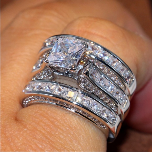 NEW 925 SILVER DIAMOND 3PC ENGAGEMENT RING SET - Picture 3 of 4